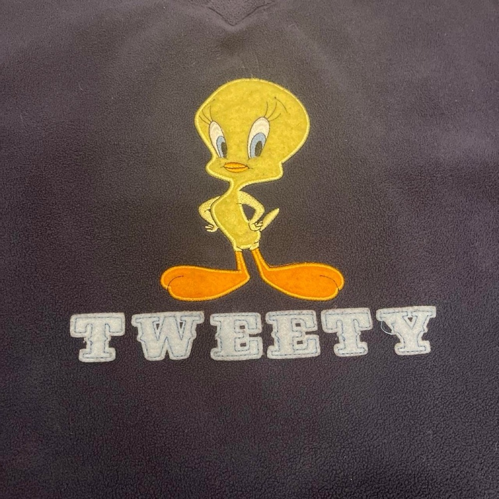 Vintage Looney Tunes Tweety Bird Fleece Sweatshirt Navy Blue V-Neck Pullover - Picture 2 of 3